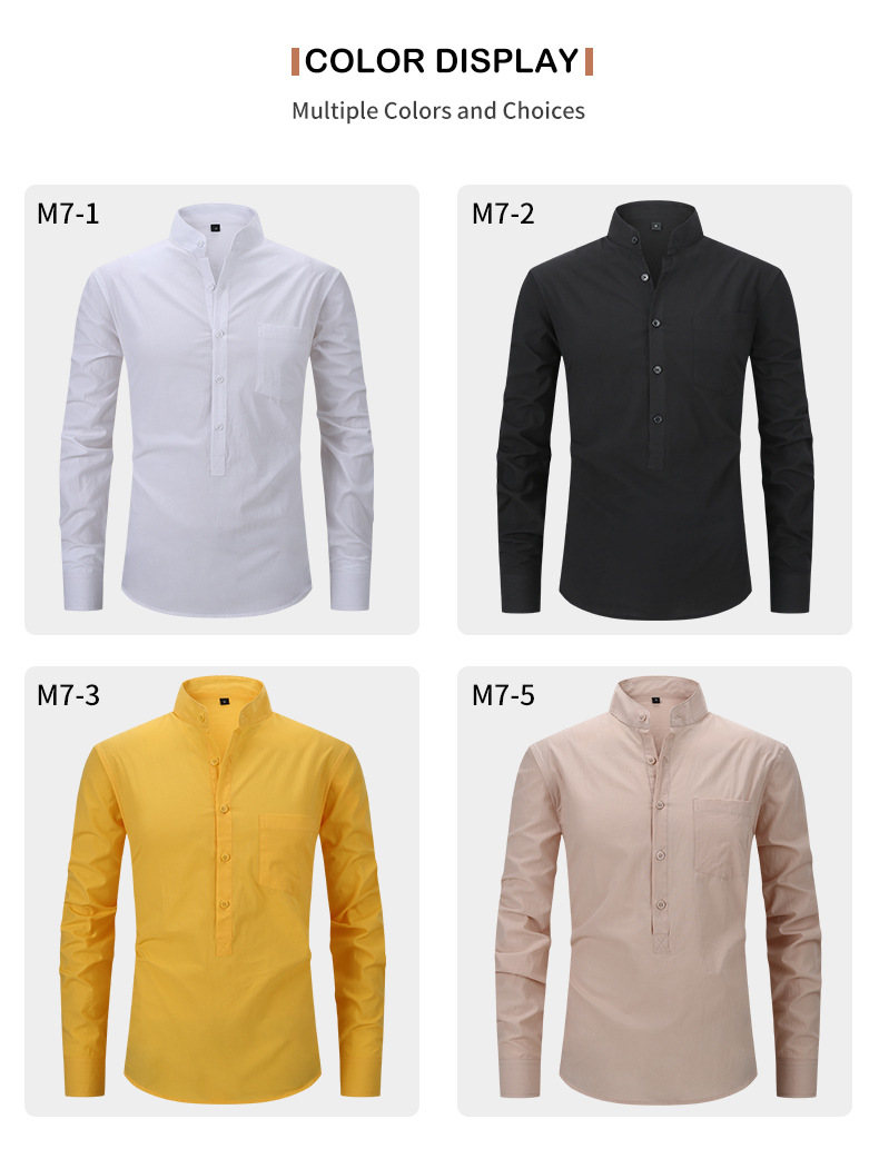 Abbigliamento Uomo Camicia Camicia Henry in cotone da uomo Camicia in lino con collo alto Camicia a maniche lunghe da uomo_voghion.com