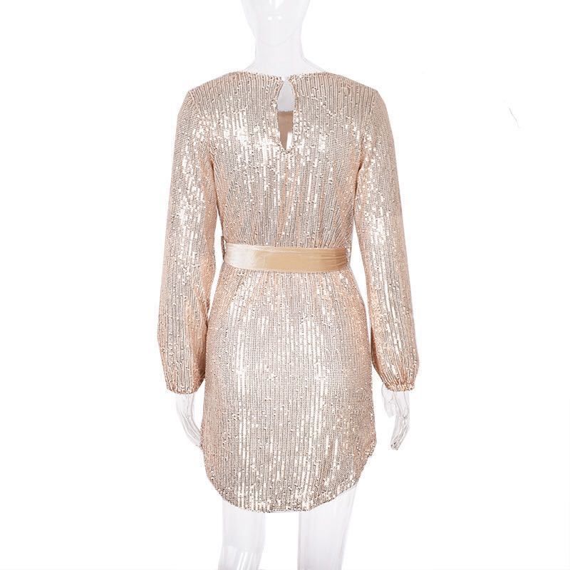 Women's Clothing Autumn Slim Lantern Sleeve Round Neck Belt Sequin Dress_voghion.com