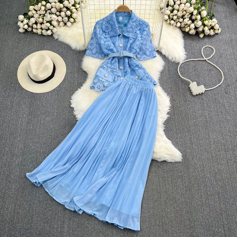 Women's light luxury lapel, loose single-breasted lace shirt, two-piece set, high-waist pleated skirt_voghion.com