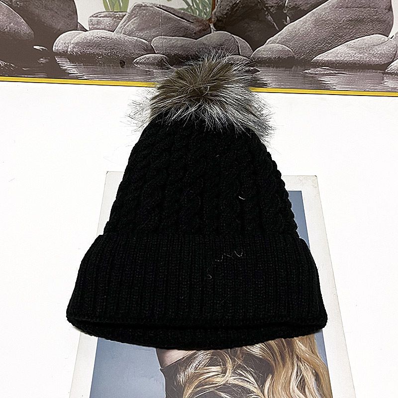 Gorro de punto de doble capa de vellón grueso para otoño e invierno con pompón grande para mujer, cálido al aire libre_voghion.com