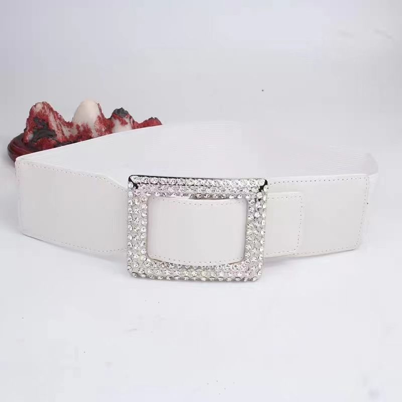 Fashion Versatile Square Buckle Wide Belt Decorative Coat Elastic Diamond Waist Seal Women's Elastic Rhinestone Belt Black_voghion.com