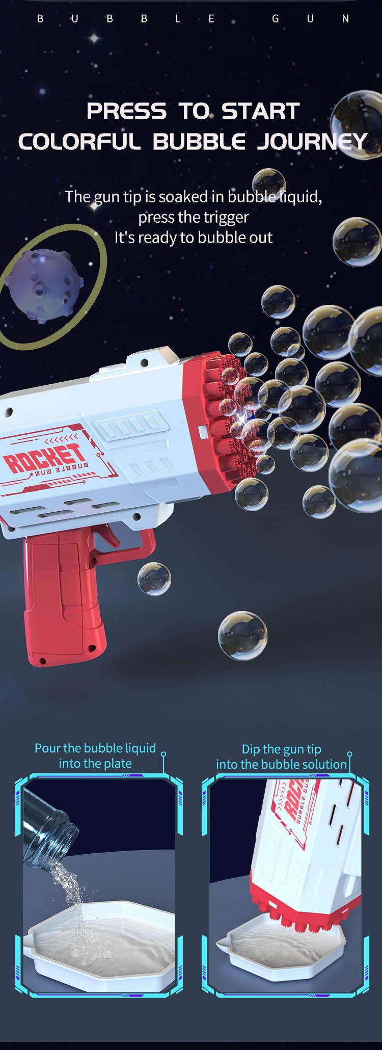 40-gats raket bubbelpistool - Ruimtegatling bubbelmachine voor kinderen, buitenspeelgoed, feestartikelen en verjaardagscadeaus_voghion.com