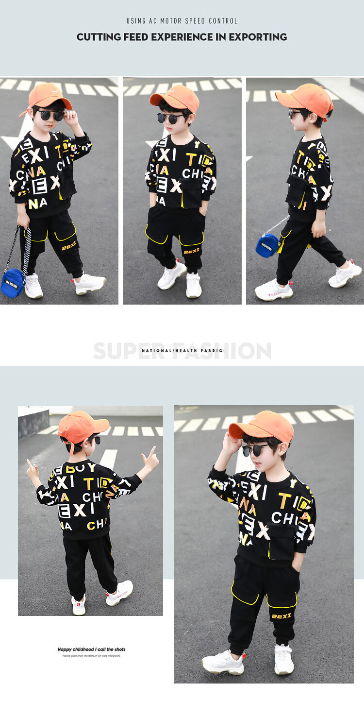 English Letter 2023 Spring and Autumn New Children's Sweater Sports Two Piece Set for Boys_voghion.com