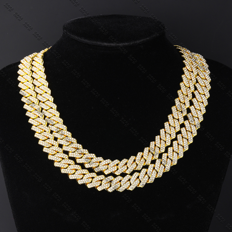 13MM Rhombus Prong Cuban Link Chain 2Row Iced Out Rhinestones Rapper Necklaces Bracelet For Men Women Choker Men Jewelry_voghion.com