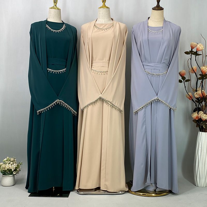 Ramazan Nida Müslüman Seti Çıkarılabilir Zincir Abaya Fas Düğün Kaftan Afrika Siyah Elbise Dubai Uzun Kadın Abiye Kaftan_voghion.com