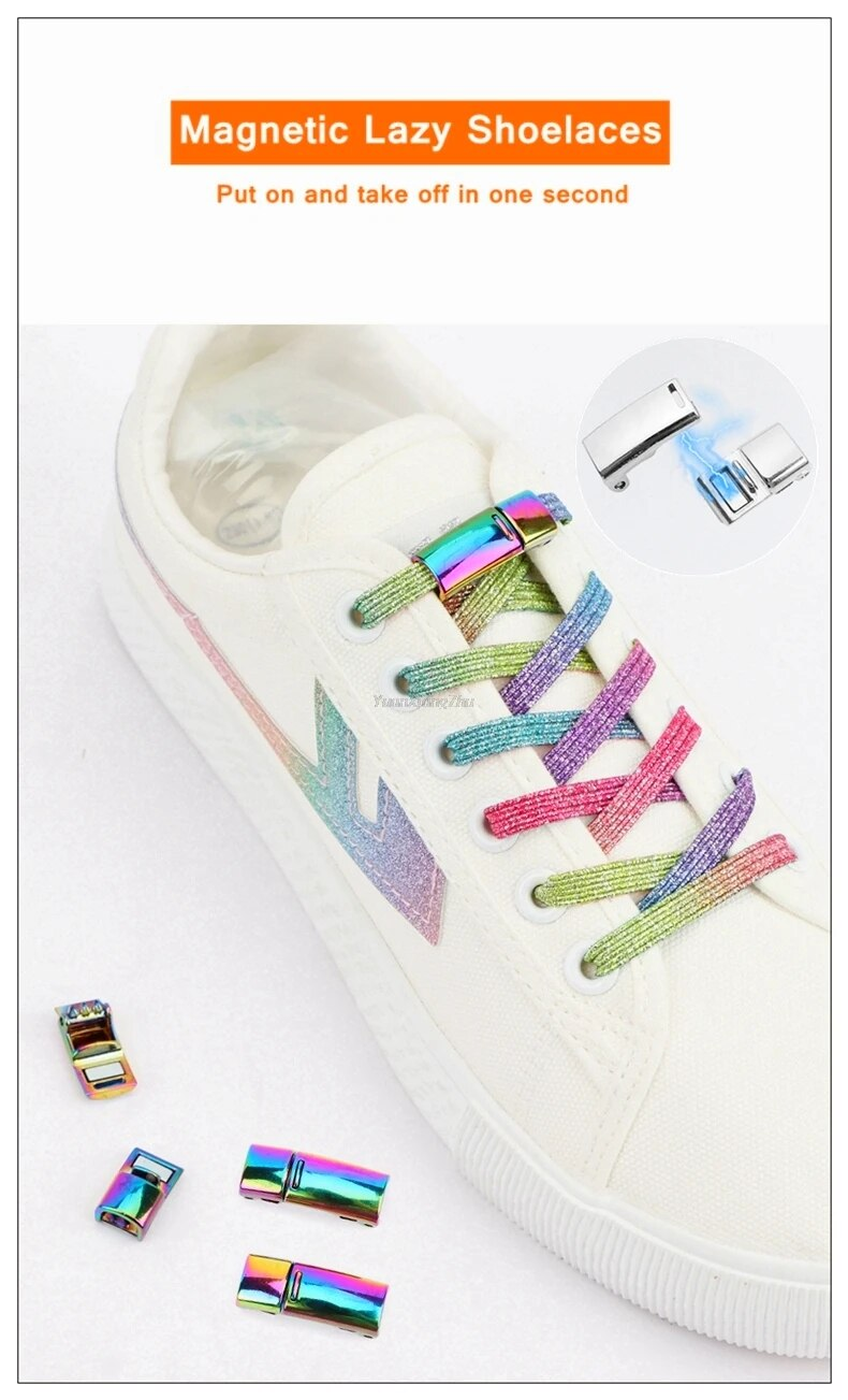 Nieuwe Regenboog Magnetische Slot Schoenveters Elastisch Geen Stropdas Veters Sneakers Schoenveter Kinderen Volwassen Lui Veters One Size Fits All_voghion.com