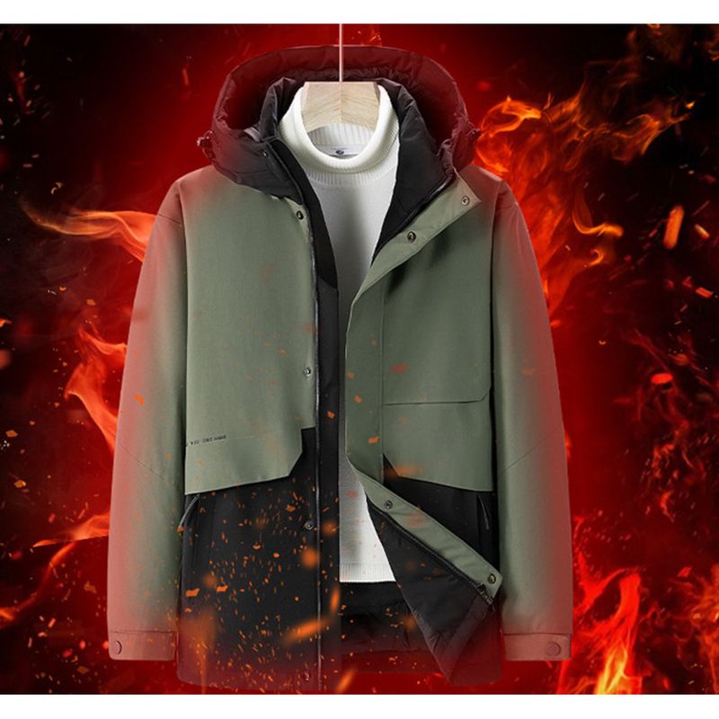 Giacca da uomo invernale di alta qualità 2024, comoda e di media lunghezza, alla moda, con blocchi di colore, nera e oro._voghion.com