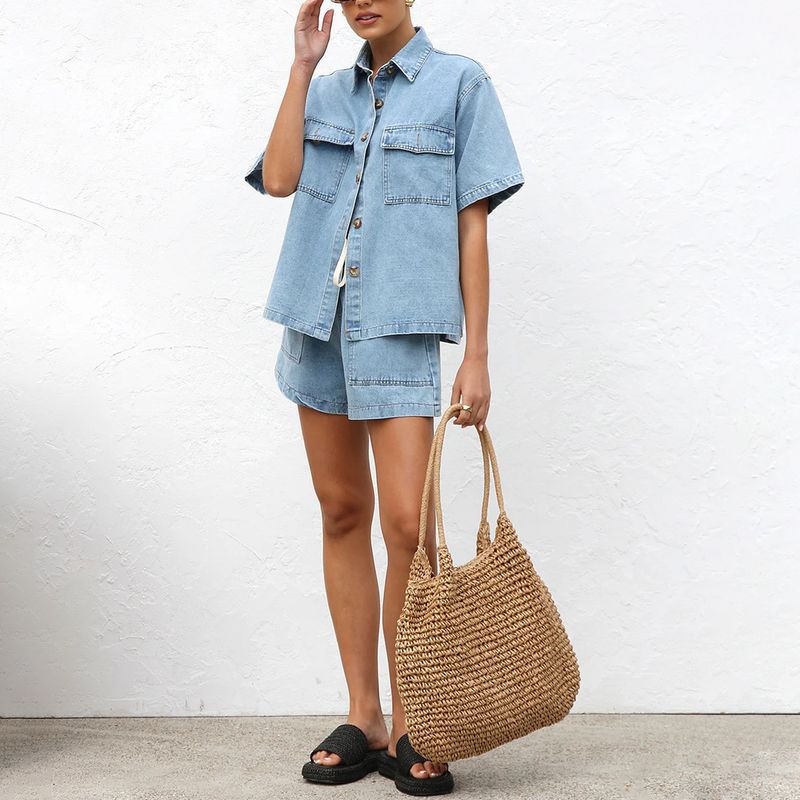 Retro Casual Loose Pocket Short Sleeved Shirt Shorts Denim Two Piece Suit_voghion.com