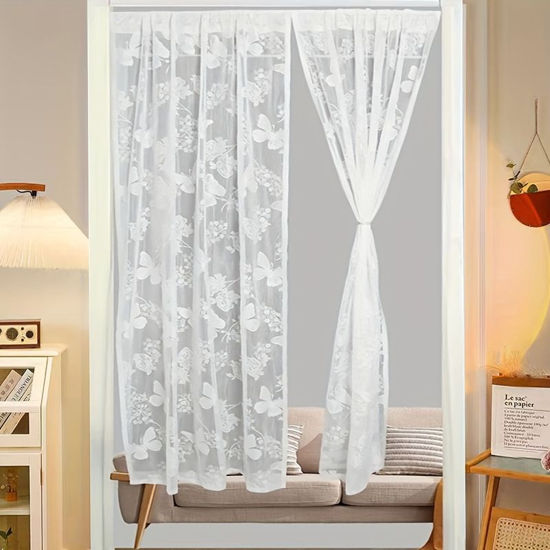French Vintage Lace Sheer Curtains With Butterfly Motif, No Drill Door & Window Scrim, Adjustable Room Divider - Elegant Home Decor_voghion.com