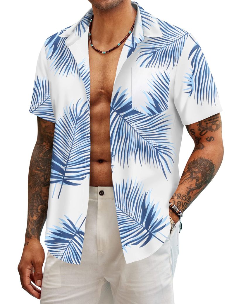 Roupas masculinas casuais manga curta lapela bolso 3D camisa impressa_voghion.com