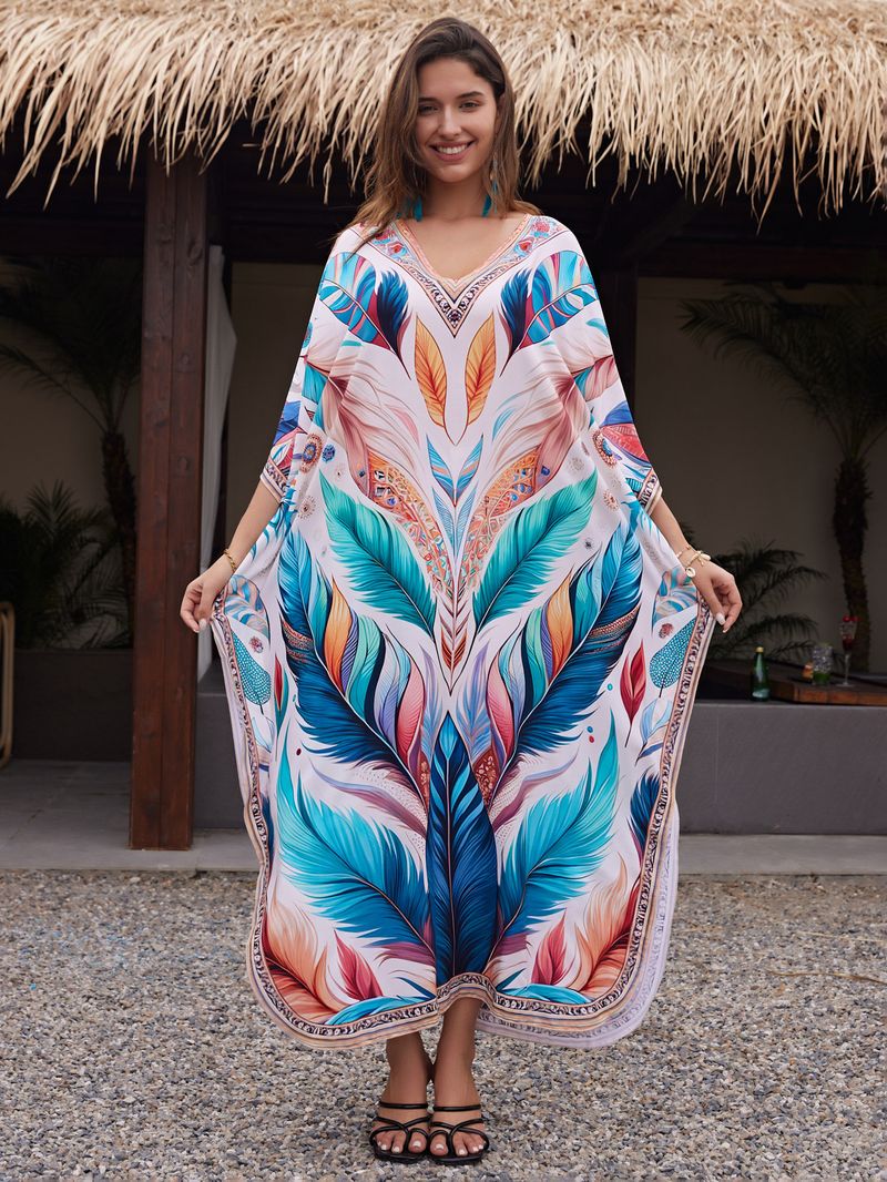 Sukienka maxi z nadrukiem w stylu boho, damska, narzutka z wiskozy – zwiewna tunika plażowa z etnicznymi wzorami, luźny krój w dużych rozmiarach, narzutka na bikini, strój na wakacje_voghion.com