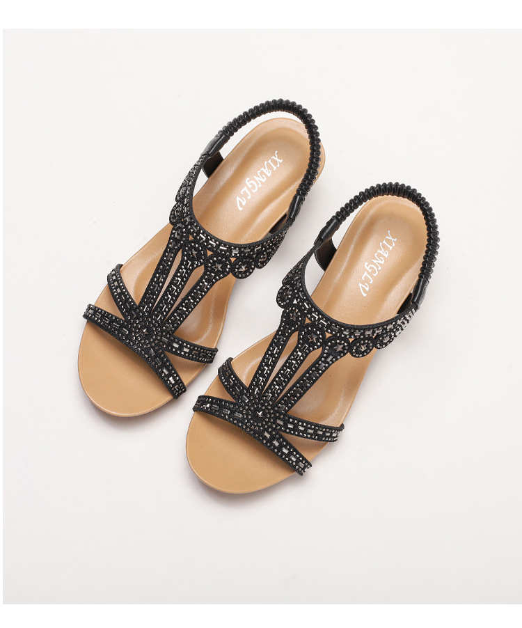 wedge heel rhinestone sandals for women fashion comfortable elastic band temperament Roman shoes_voghion.com