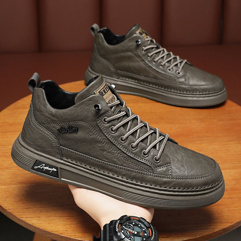 Lente Nieuwe Ademende en Antislip Chef Herenmode Veelzijdige Zwarte Leren Werk Casual Board Schoenen_voghion.com