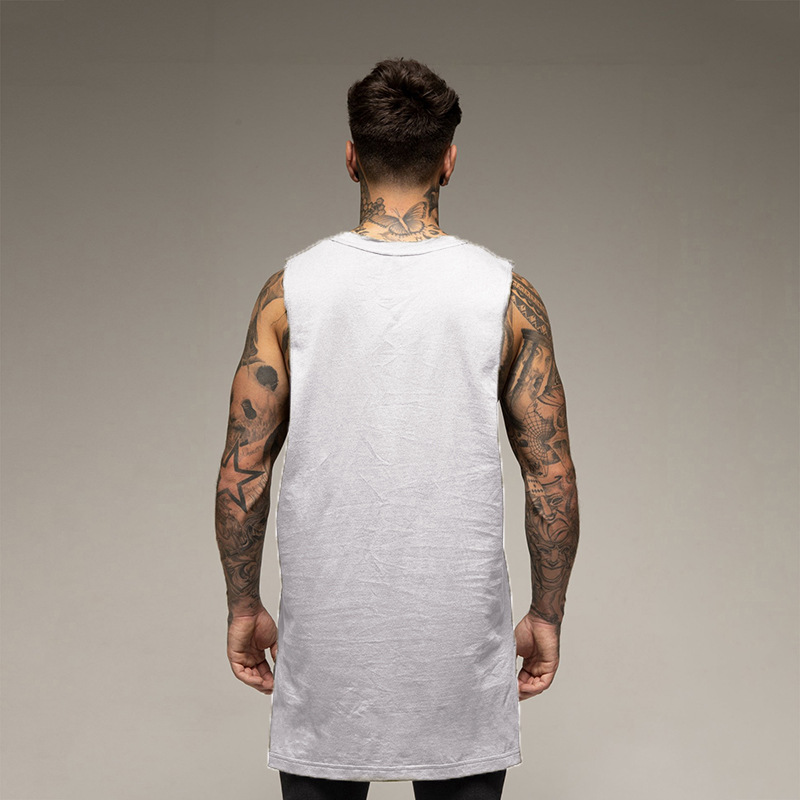 Sport locker sitzende Herren-Lauf-Fitness-Kleidung, Weste, Baumwoll-T-Shirt, langer Saum, Freizeitkleidung, Basketball-Training_voghion.com