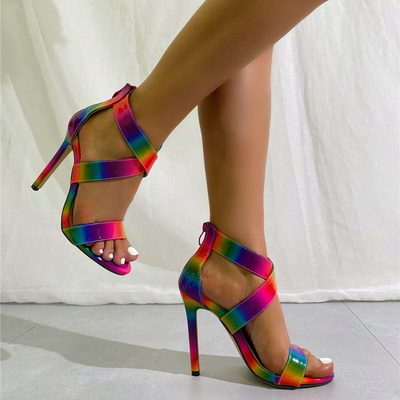 Rainbow Heets Ljeto 2024. Nove Walking Show Modne tanke sandale s visokom potpeticom i križnim remenom u blokovima boja_voghion.com