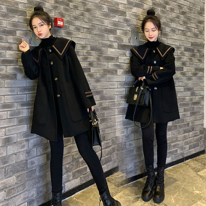 Navy Collar Coat Mid-Length Women 2024 New Korean Version College Style Petite Single-Breasted A-Line Woolen Jacket_voghion.com