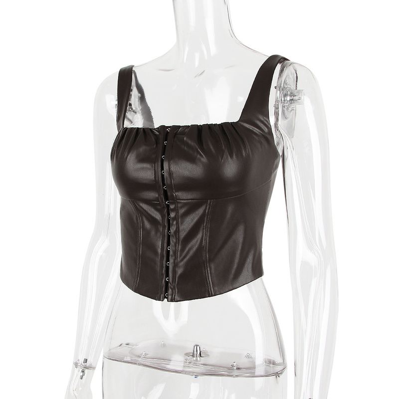 Abito da donna in pelle PU gilet sexy allacciato alla caviglia, top corto a spina di pesce con cavezza cava sottile_voghion.com