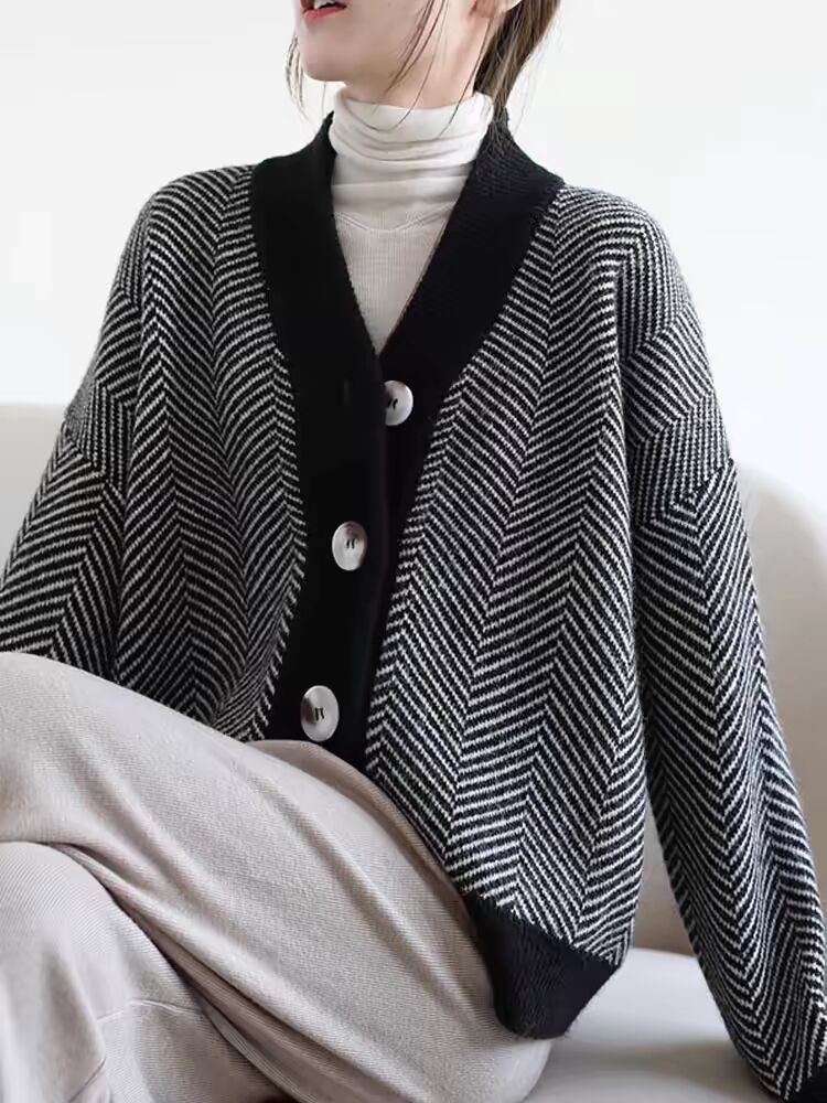 Women's autumn lazy style striped sweater jacket, loose and thick outer wear knitted cardigan_voghion.com