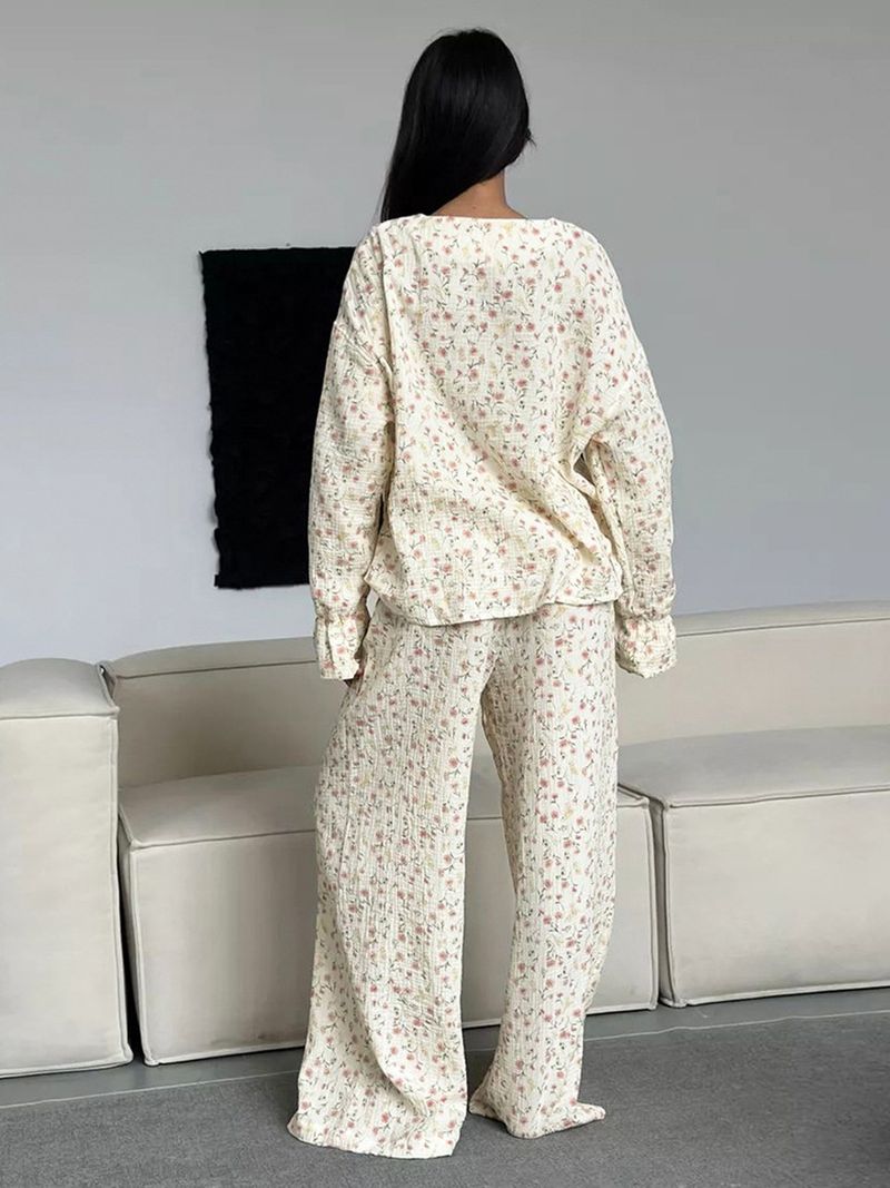 Damen Nachtwäsche Reine Baumwolle Bedruckte Hose Pyjama Set Neue Strickjacke Pyjamas Home Kleidung_voghion.com