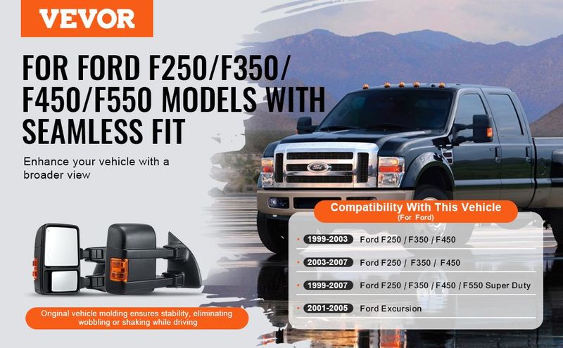 VEVOR Towing Mirrors, Left & Right Pair Set For 1999-2007 Ford F250 F350 F450 F550, Power Heated With Signal Light, Plane & Convex Glass, Manual Controlling Telescoping Folding, Heating Defrost, Black_voghion.com