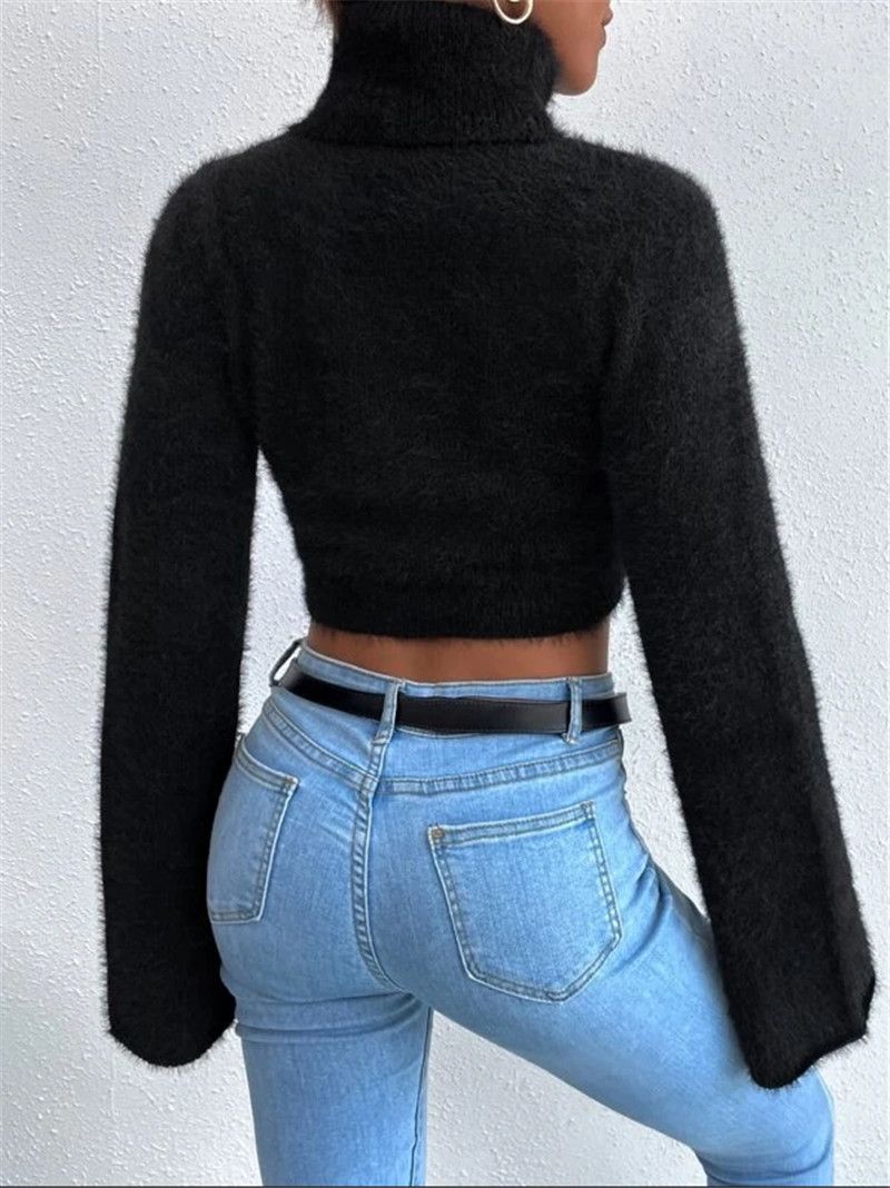 Women's Clothing Trendy Cropped Fuzzy High Neck Sweater For Women - Soft & Warm Winter Pullover, Streetwear Chic, White/Black, S/M/L_voghion.com