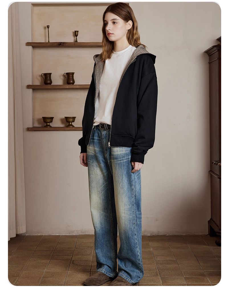 Unisex Reversible Houndstooth Zip Hoodie - Oversized Vintage Pullover With Dual-Side Design, Streetwear Essential For Fall & Winter (Black)_voghion.com