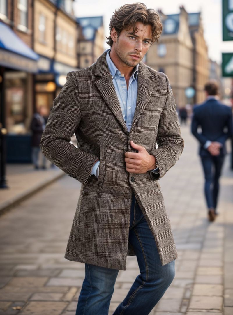 Herbst/Winter 2024: Verdickter, gesteppter Wollmantel mit Karomuster, mittellang, schmal geschnitten, mit Umlegekragen_voghion.com