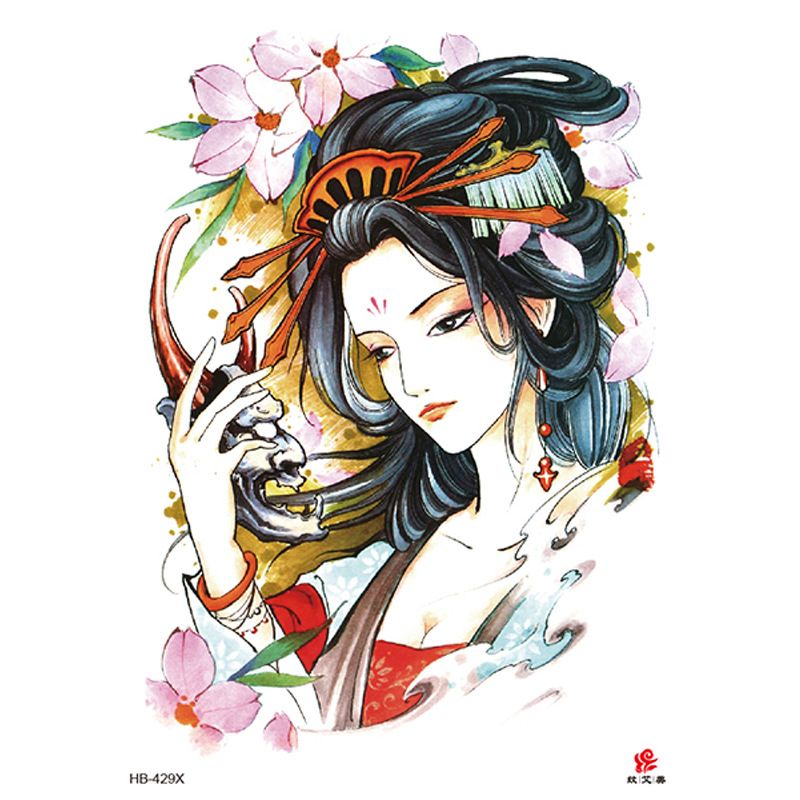 Adesivo per tatuaggio impermeabile con bellezza di geisha e braccio floreale_voghion.com