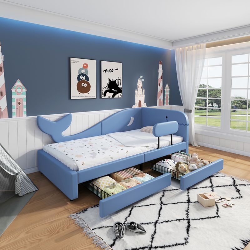 Kinder-Spleißbett, Polsterbett, Tagesbett, Walförmiges Design, Schlafsofa , 2 Schubladen Auf Rollen, PU+MDF+Sperrholz, Blu, 90x200cm_voghion.com