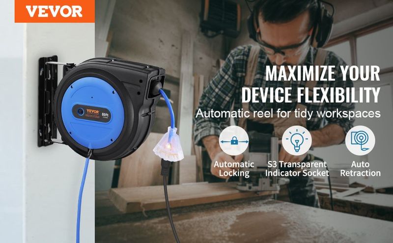 VEVOR Retractable Extension Cord Reel Power Cord Reel 80FT 12AWG/3C SJTOW_voghion.com