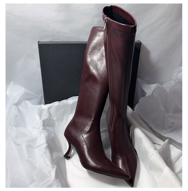 Scarpe con tacco alto di celebrità di Internet, bellissime scarpe con tacco a spillo tinta unita, cerniera laterale, elastiche, stivali lunghi da donna_voghion.com