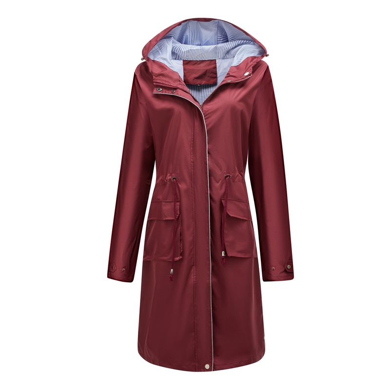 Trench casual da donna K Long con cappuccio, impermeabile, tinta unita con fodera a righe, cappotto dritto._voghion.com