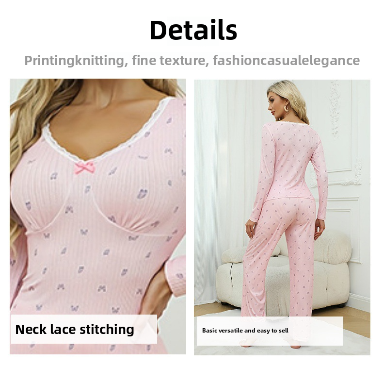 2024 Autumn Women's Pit Bar New Collar Lace Butterfly Printed Sleeve Long Pants Slimming Home Clothing Set_voghion.com