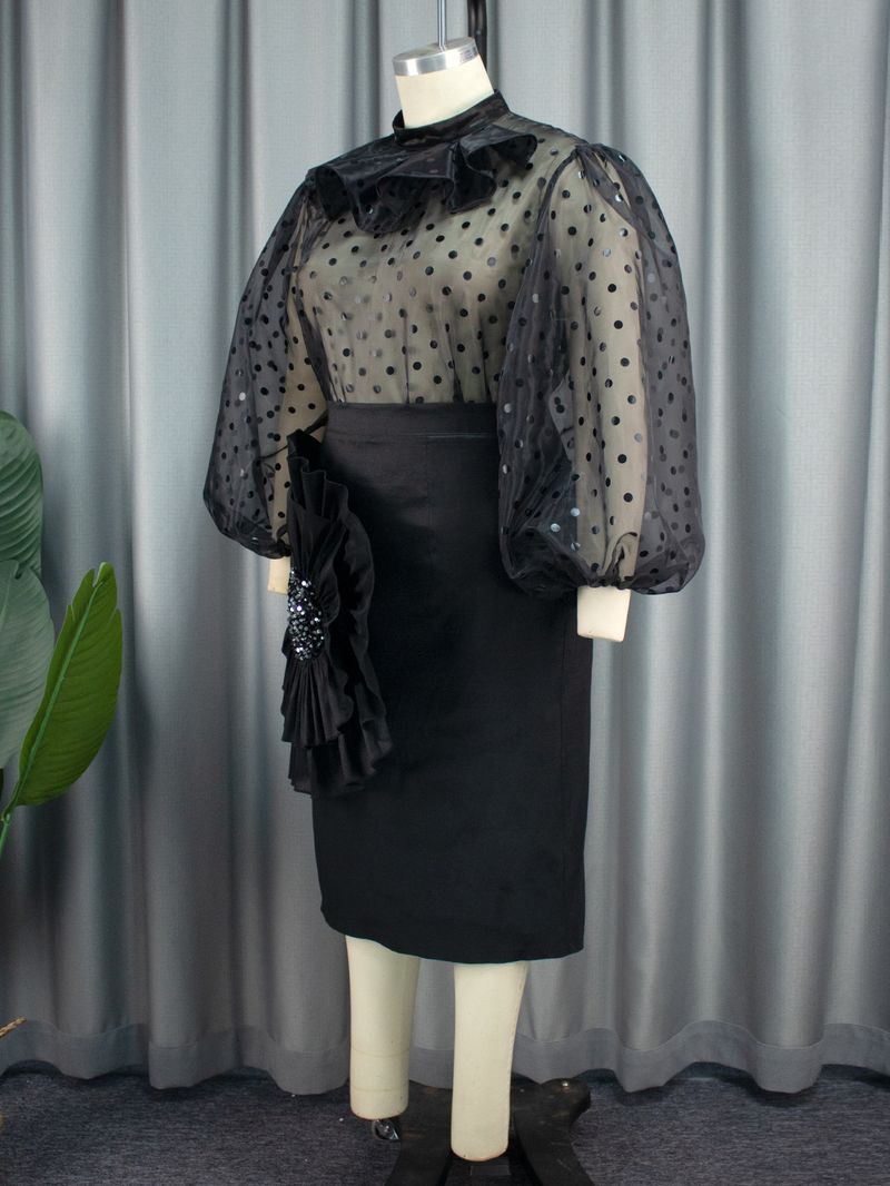 Sexy see-through polka dot mesh blouse suit Three-dimensional floral skirt two-piece set Two-piece set_voghion.com