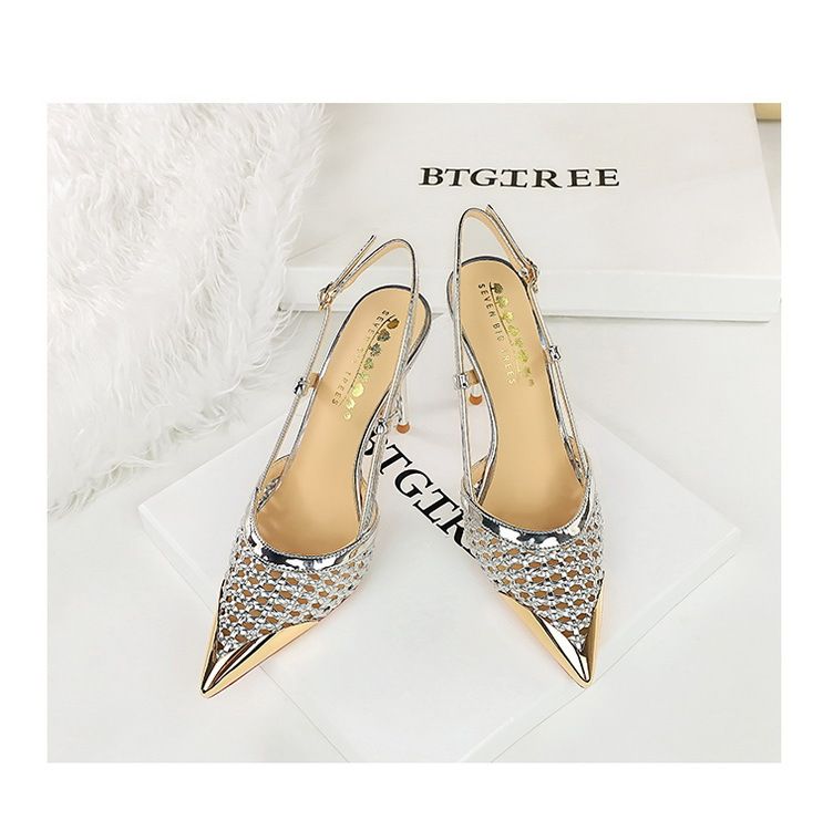 Hollow Woven Stiletto Sandals Women's High-end Metal Pointed One-word Strap High Heels_voghion.com