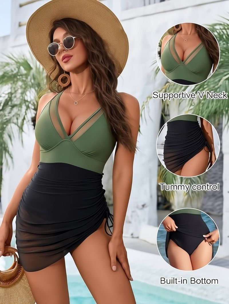 Maillot de bain une pièce pour femme, col en V, maille épissée, cordon de serrage latéral_voghion.com