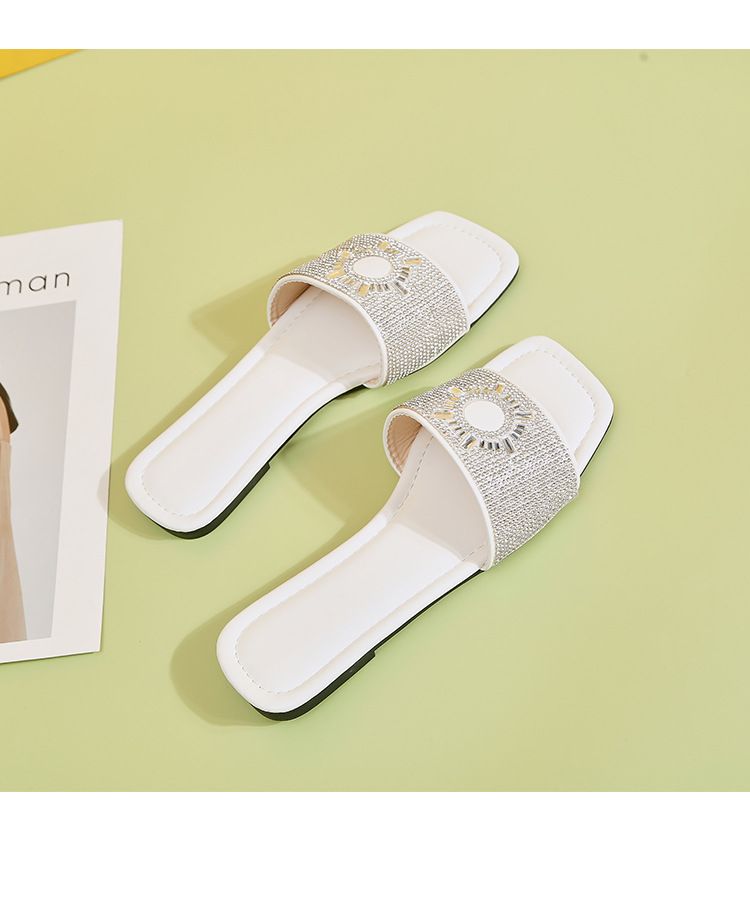 Dame Store Tøfler Sommer Nyt Overtøj Headed Water Diamond Firkantet Spænde Flad Hæl Strand Cool Sko_voghion.com