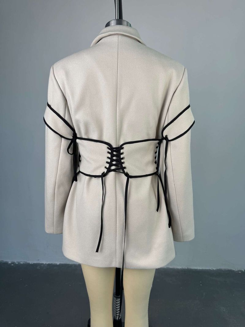 Completo da donna in due pezzi, stile K, con colletto e maniche lunghe, in lana, con gilet e fasciatura_voghion.com