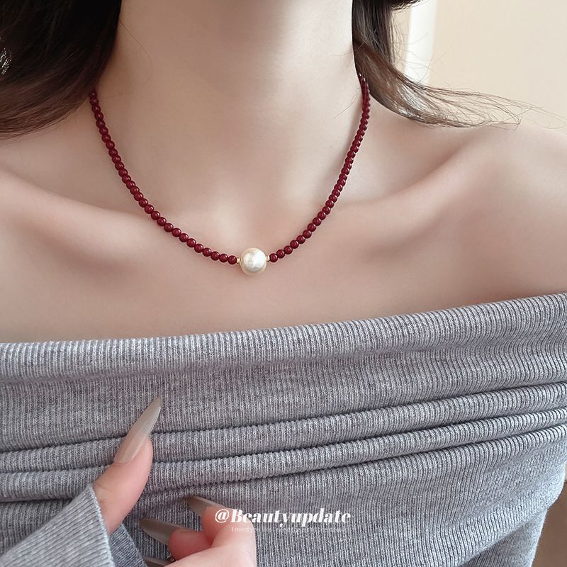 Real Gold Electroplated Ankela Red Glass Bead Necklace With High-end Feel, Autumn And Winter Collarbone Chain, Women's_voghion.com