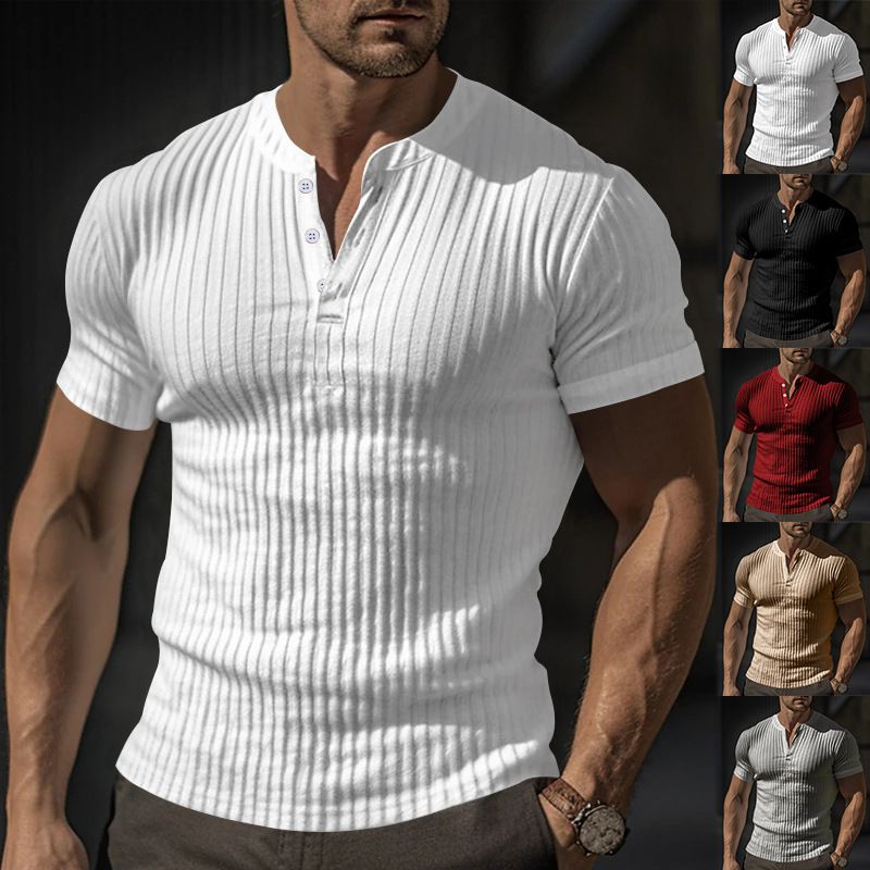 Abbigliamento da uomo T-shirt slim a maniche corte con scollo a V e bottoni casual in tinta unita_voghion.com