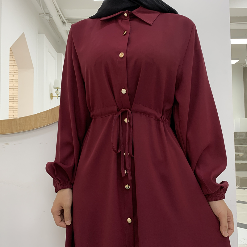 Roupas femininas nova moda muçulmana lapela cor sólida botão completo vestido fino saia longa_voghion.com