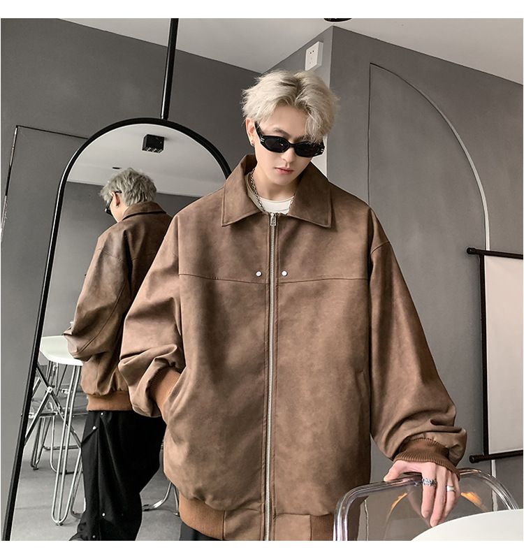 Retro Lederjacke Herren 2024 Frühling und Herbst Neue einfache Trend Ruffian Hübsche vielseitige lose Pu-Lederjacke_voghion.com