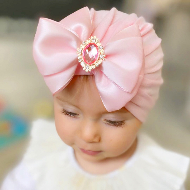 Gorro indio infantil con lazo y diamantes de imitación brillantes, gorros de algodón suave y agradable para la piel para niña, turbante, lazos hechos a mano a la moda_voghion.com