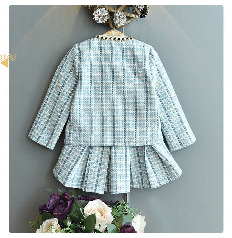 Kinderkleidung Kinderanzüge für Mädchen, neue Styles im Herbst 2024, langärmelige karierte Oberteile, Röcke, Kinderanzüge_voghion.com