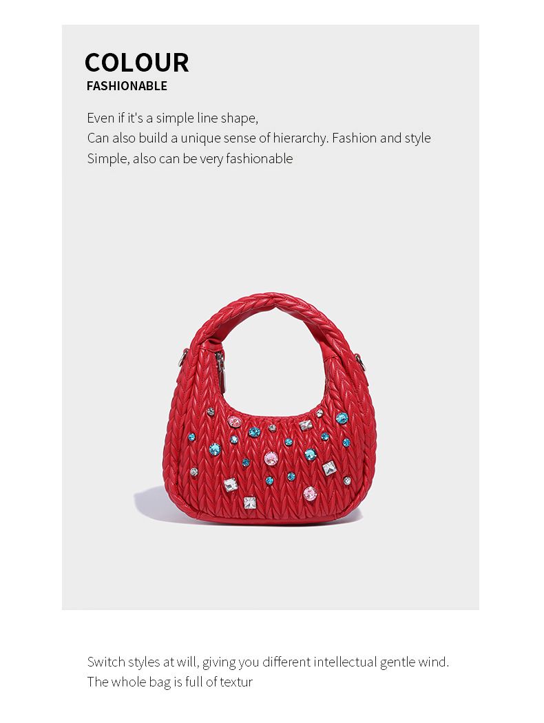 Niche Design Pleated Cloud Bag New Brick Inlaid Handbag Versatile Shoulder Crossbody Crescent Bag_voghion.com