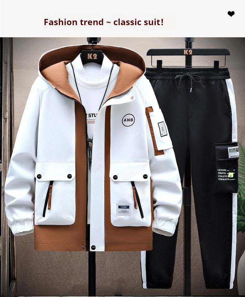 Spring Autumn Men's Jacket, Youth Work Clothes, Korean Edition Set, 2024 New Style, Handsome and Loose Two Piece Set_voghion.com