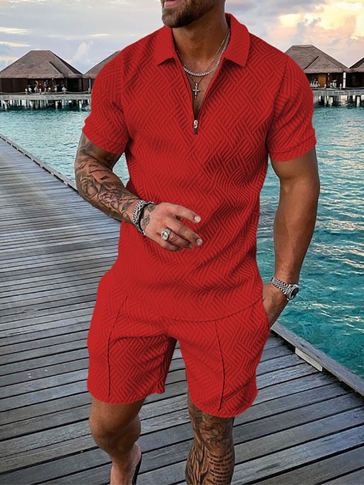 Lässiges bedrucktes Kurzarm-Poloshirt-Set für Herren, Sportbekleidung, bequem, atmungsaktiv, Reißverschluss am Hals, T-Shirt und Poloshirt_voghion.com