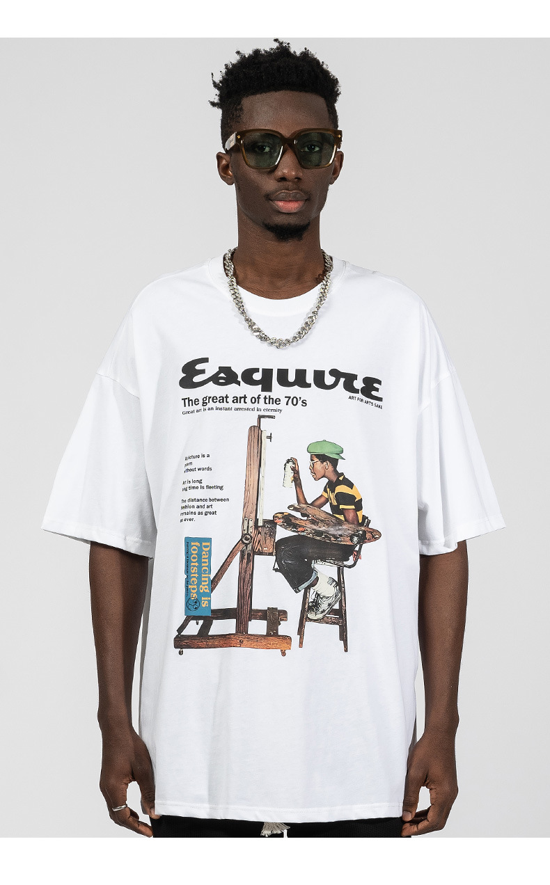 Camiseta de manga corta con pintura al óleo americana para hombre, de algodón de 220 g, holgada, de malla grande, color rojo neutro, estilo disfraz para pareja._voghion.com