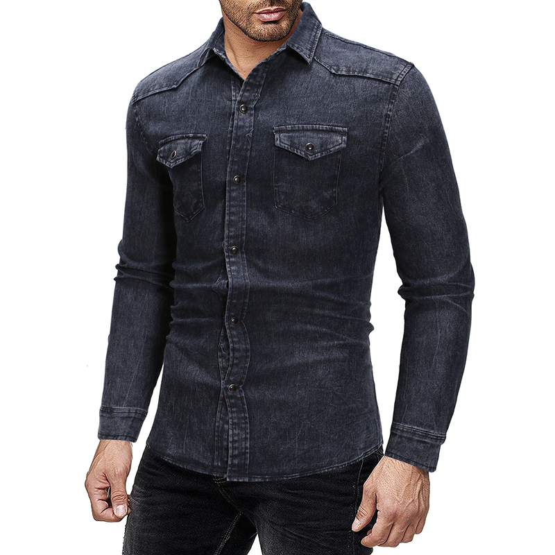 Herrenbekleidung Vintage einfaches langärmeliges Jeanshemd für Herren in Übergröße_voghion.com