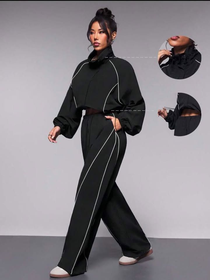 Trendy Contrast-Trim Women's Zip-Up Jacket & Jogger Pants Set – Streetwear Activewear (S-XL) | Lightweight Polyester For Summer_voghion.com
